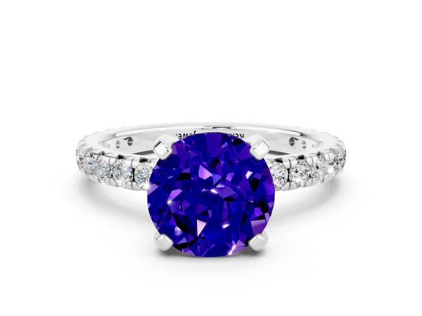 Silver Round Cut Tanzanite Pavé Solitaire Ring with Round Band and Prong Setting