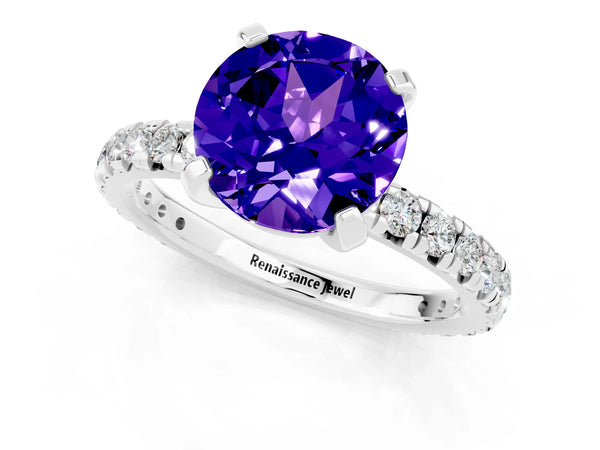 Platinum Round Cut Tanzanite Pavé Solitaire Ring with Round Band and Prong Setting