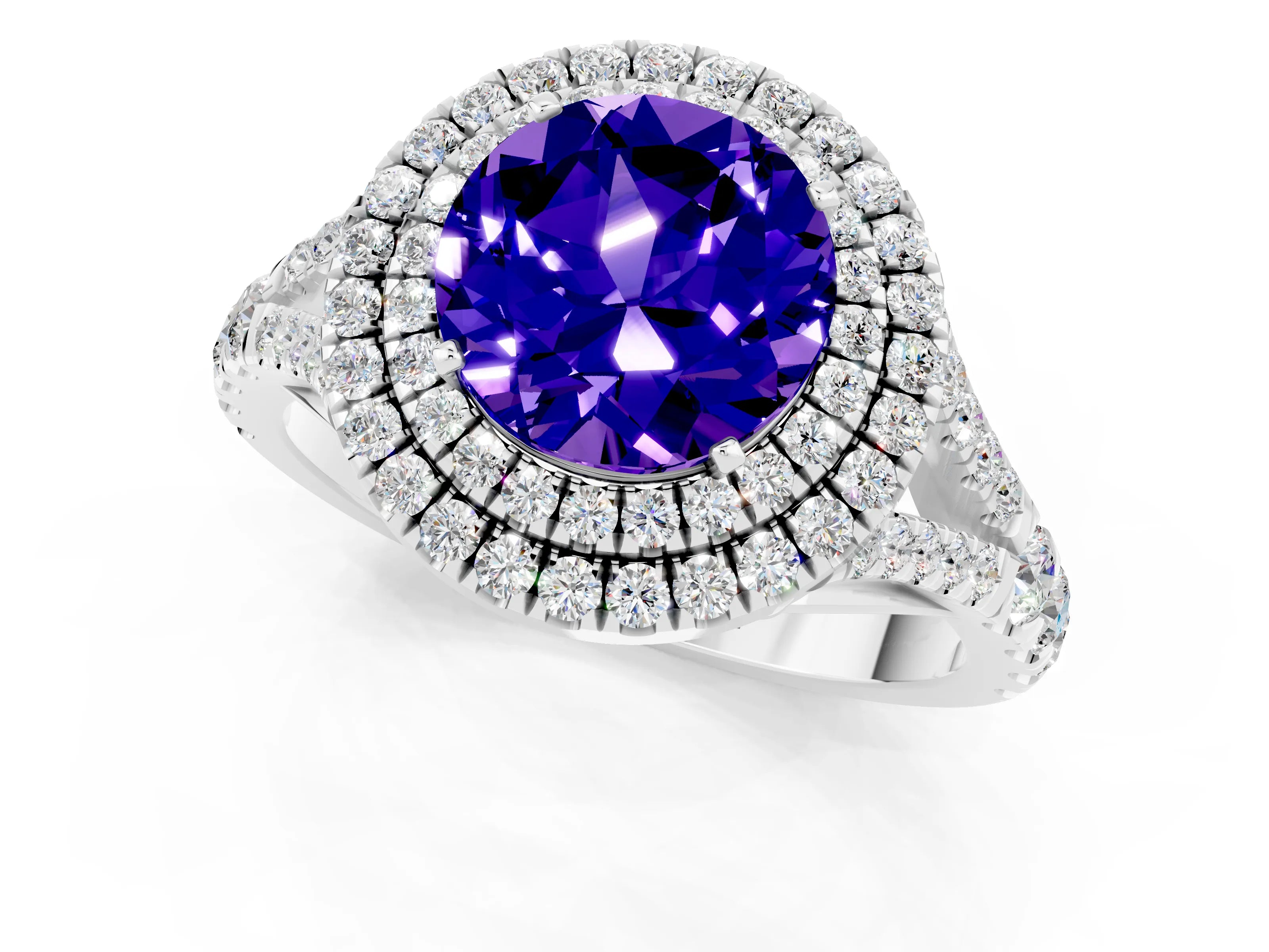 White gold Round Cut Tanzanite Pavé Split Shank Double Halo Engagement Ring_1