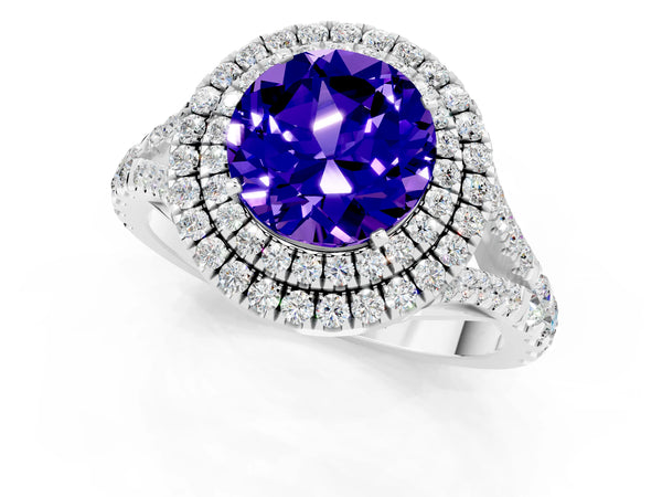 Silver Round Cut Tanzanite Pavé Split Shank Double Halo Engagement Ring