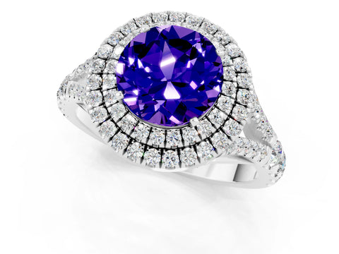 White gold Round Cut Tanzanite Pavé Split Shank Double Halo Engagement Ring_1