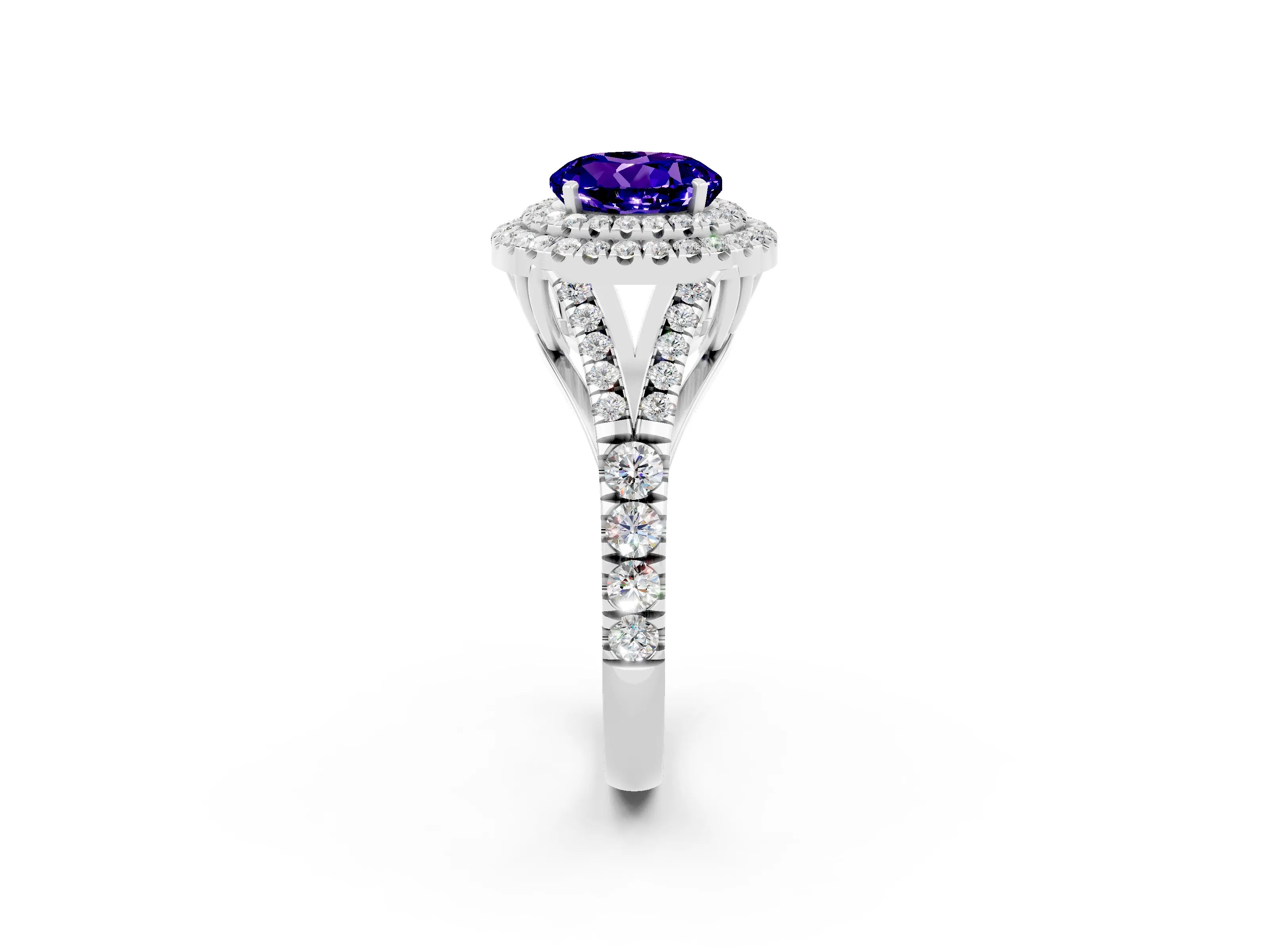 White gold Round Cut Tanzanite Pavé Split Shank Double Halo Engagement Ring_2
