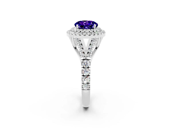 Platinum Round Cut Tanzanite Pavé Split Shank Double Halo Engagement Ring