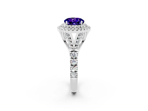 White gold Round Cut Tanzanite Pavé Split Shank Double Halo Engagement Ring_2