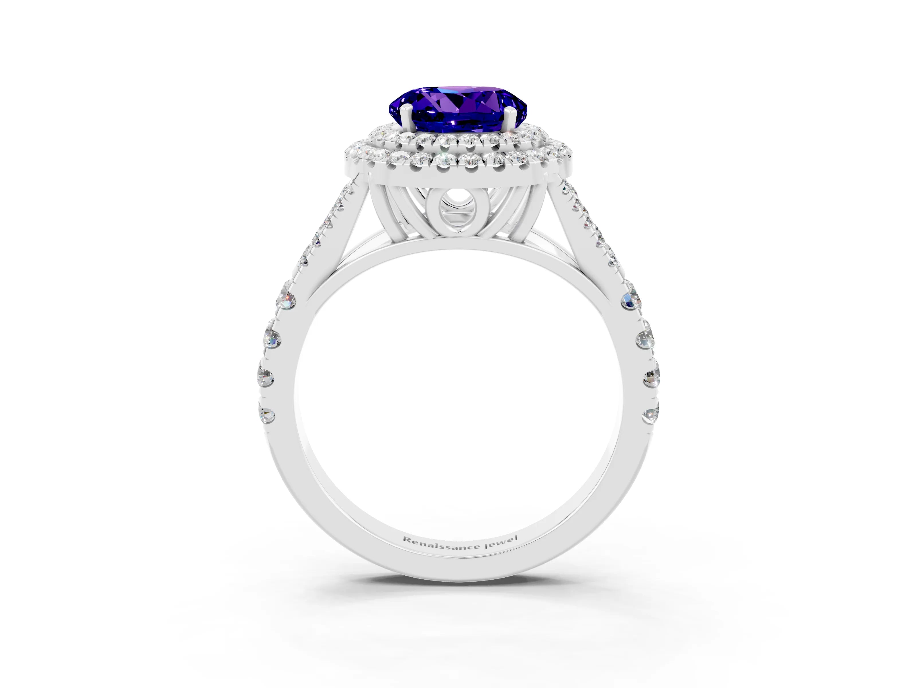 White gold Round Cut Tanzanite Pavé Split Shank Double Halo Engagement Ring_3