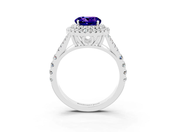 Silver Round Cut Tanzanite Pavé Split Shank Double Halo Engagement Ring