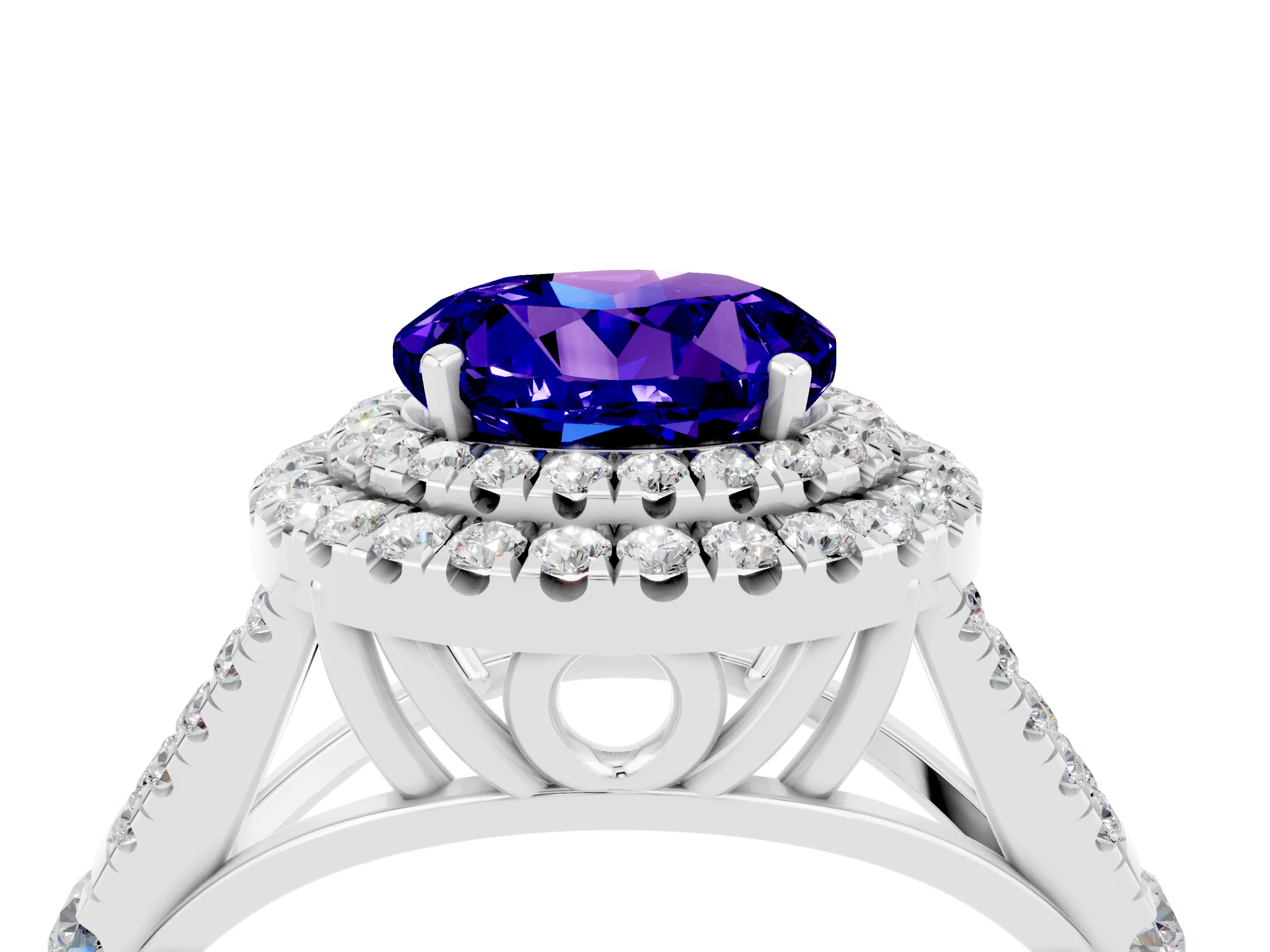 White gold Round Cut Tanzanite Pavé Split Shank Double Halo Engagement Ring_4
