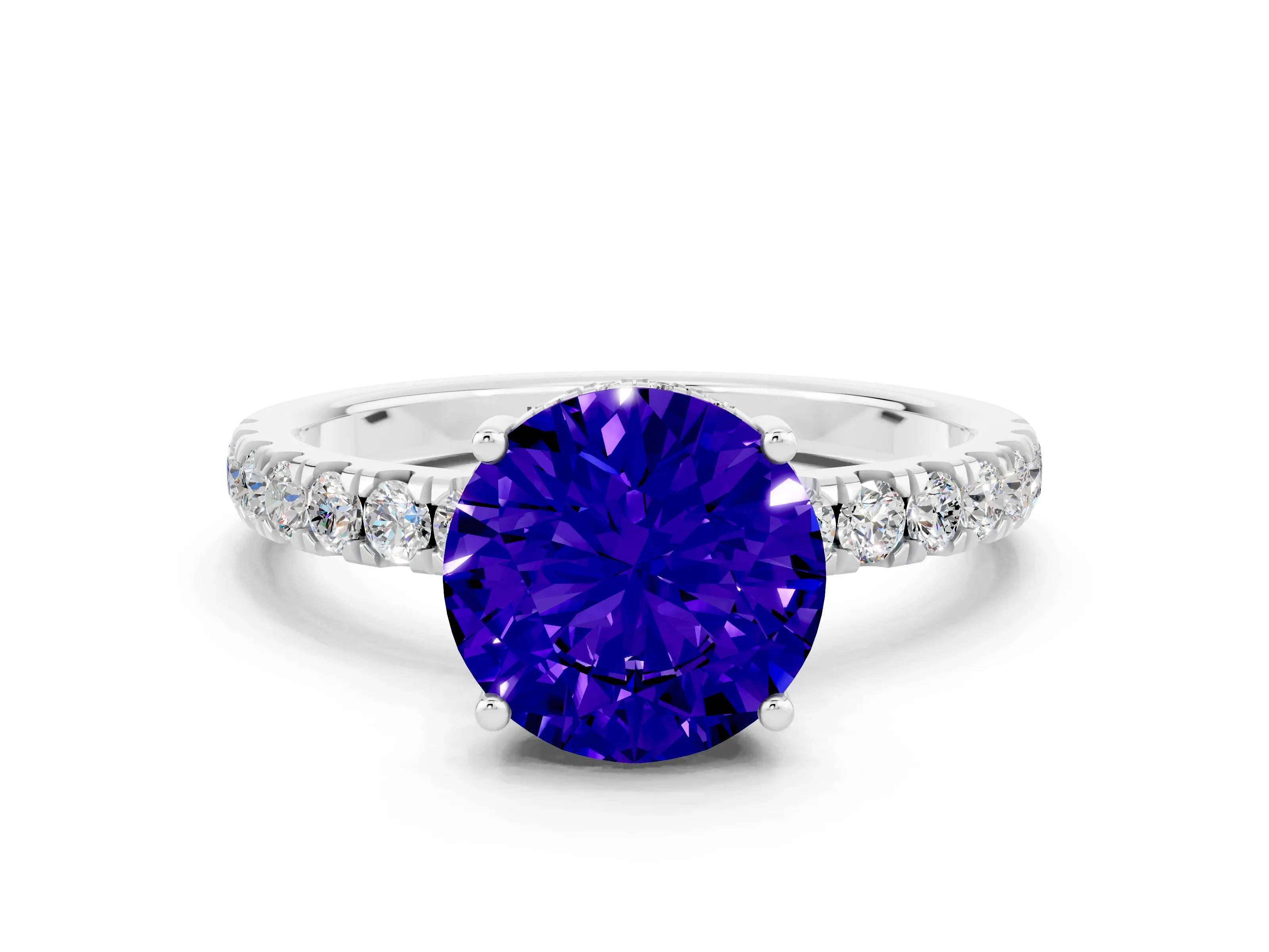 White gold Round Cut Tanzanite Pave Band Solitaire Ring with Four-Prong Setting_24