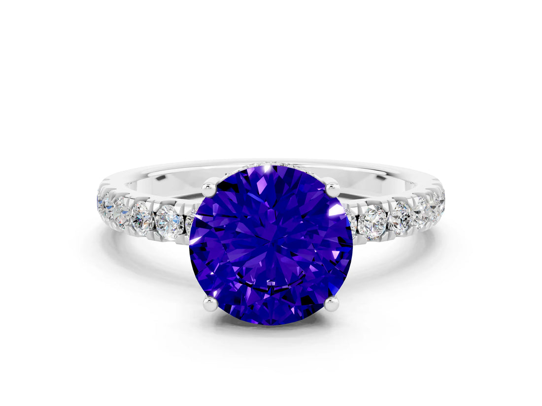 White gold Round Cut Tanzanite Pave Band Solitaire Ring with Four-Prong Setting_24