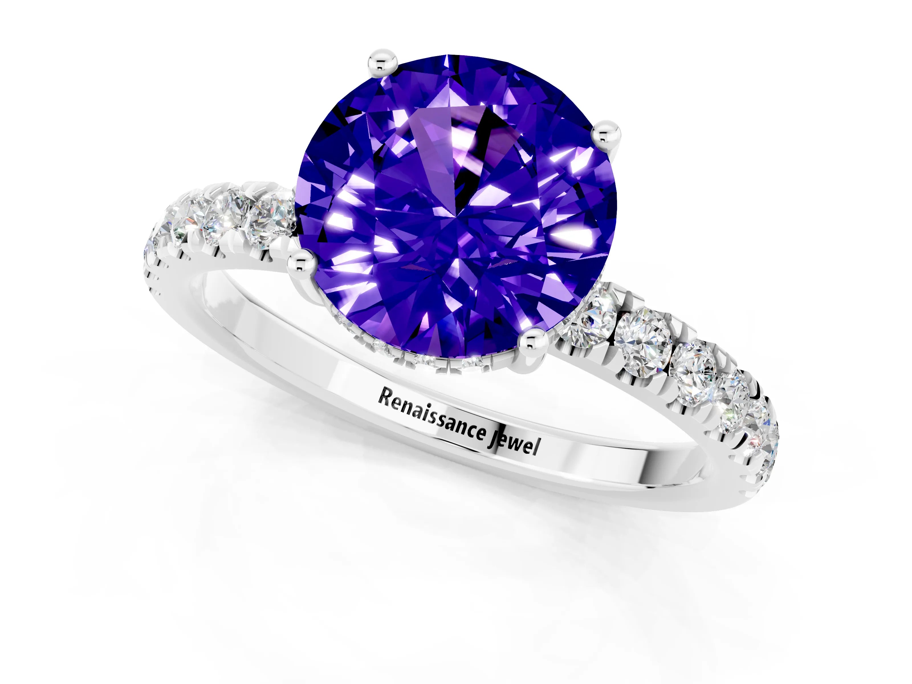 White gold Round Cut Tanzanite Pave Band Solitaire Ring with Four-Prong Setting_25
