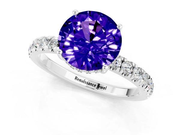 Silver Round Cut Tanzanite Pave Band Solitaire Ring with Round  and Prong Setting