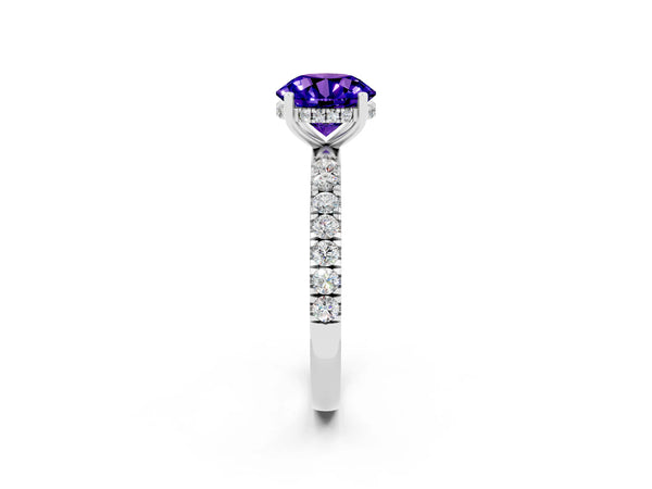 Platinum Round Cut Tanzanite Pave Band Solitaire Ring with Round  and Prong Setting