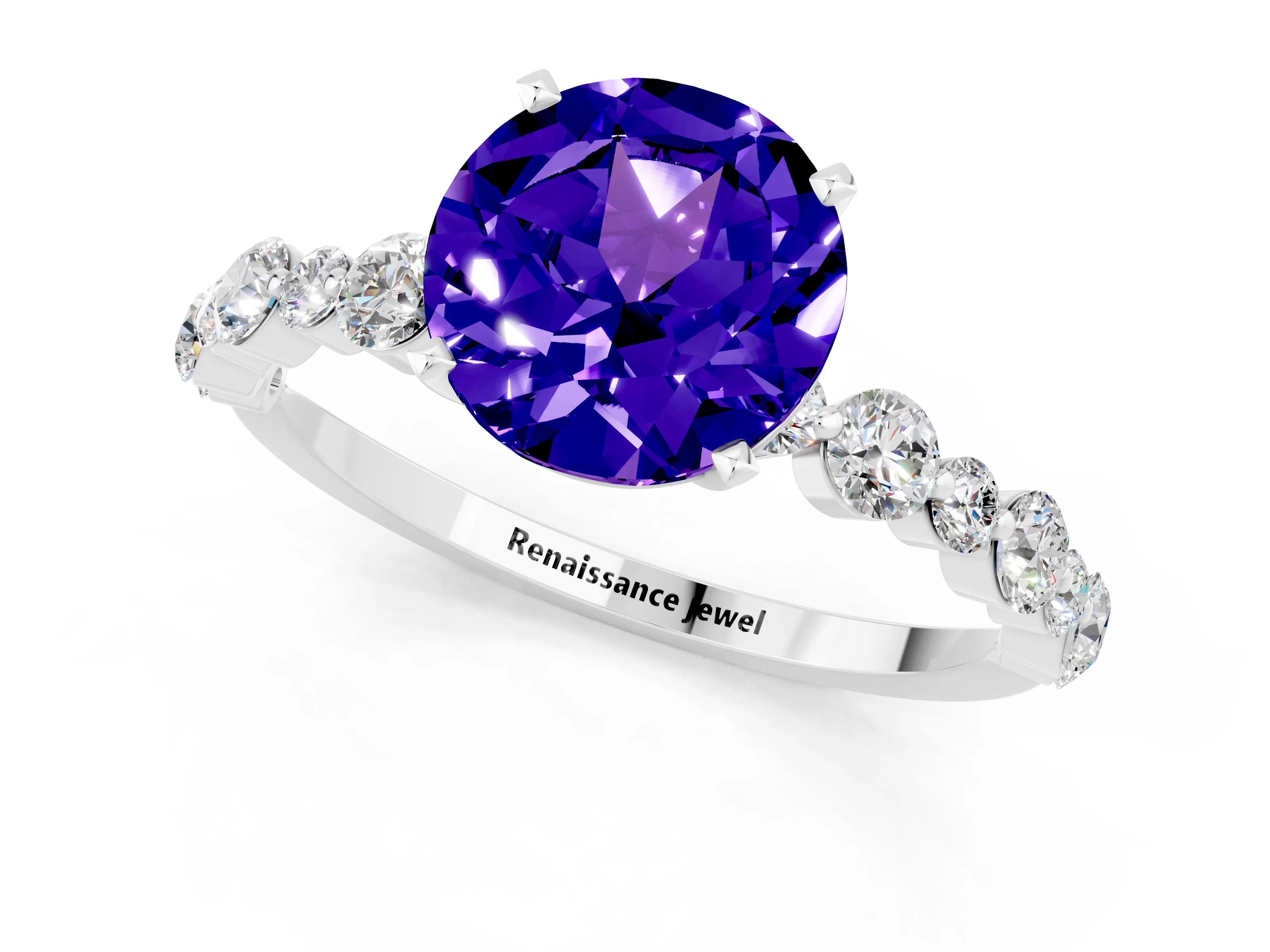 White gold Round Cut Tanzanite Prong Set Engagement Ring with Pavé Band_1