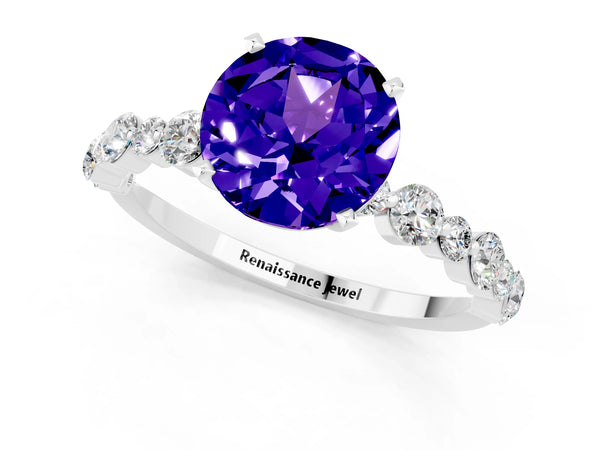 White gold Round Cut Tanzanite Prong Set Engagement Ring with Pavé Band