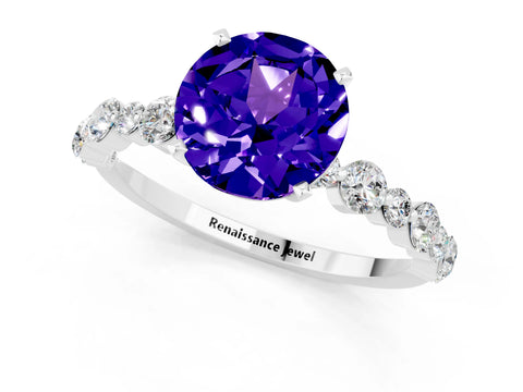 White gold Round Cut Tanzanite Prong Set Engagement Ring with Pavé Band_1