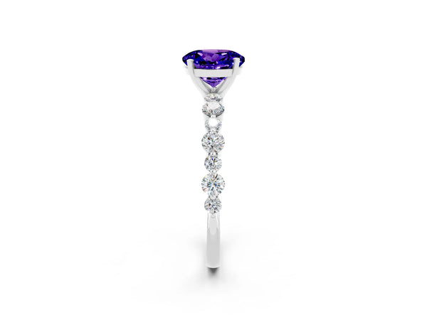Platinum Round Cut Tanzanite Prong Set Engagement Ring with Pavé Band