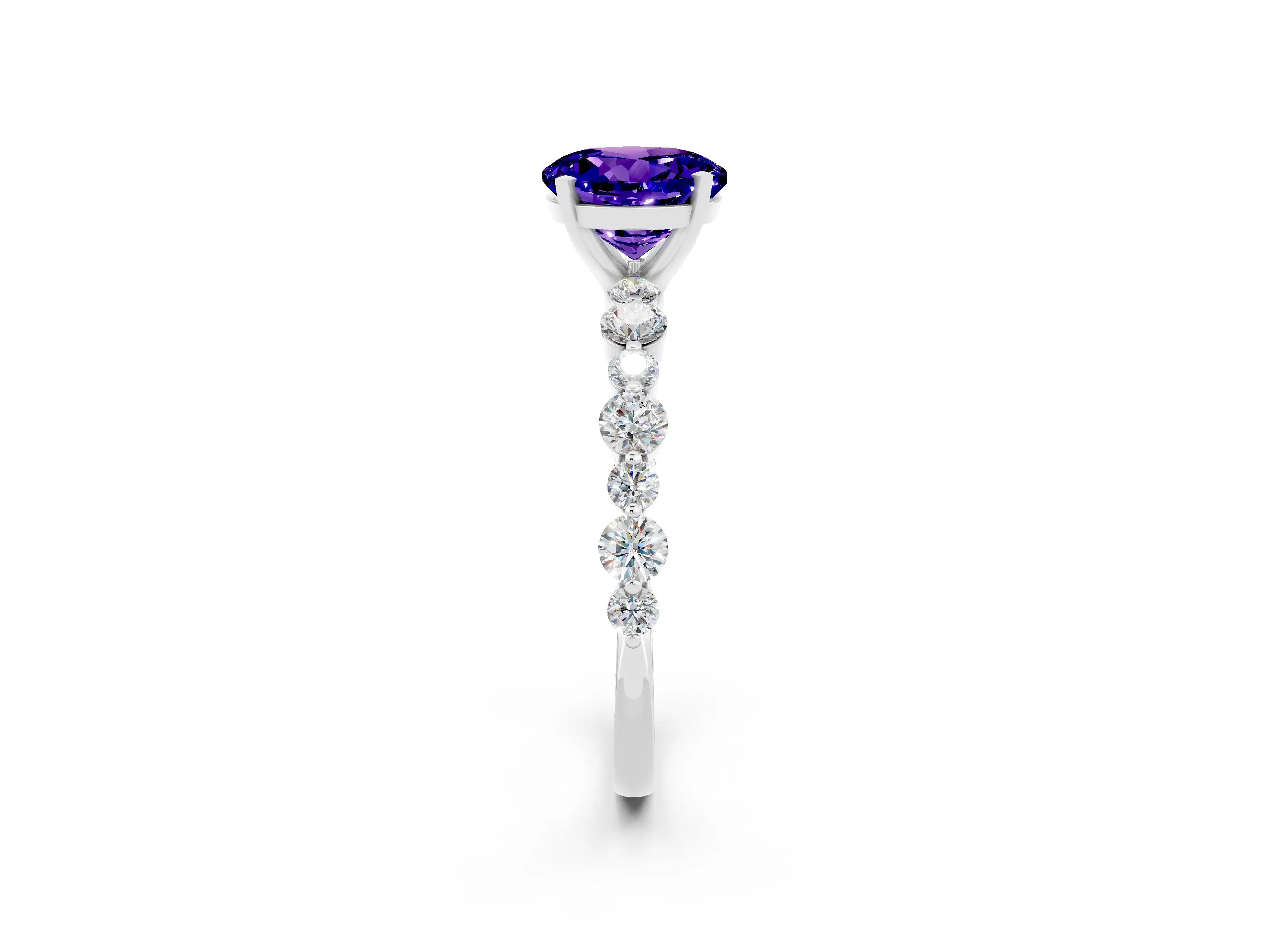 White gold Round Cut Tanzanite Prong Set Engagement Ring with Pavé Band_2
