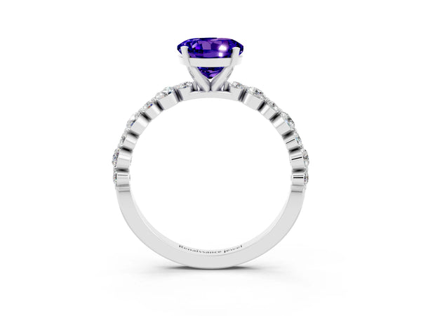 Platinum Round Cut Tanzanite Prong Set Engagement Ring with Pavé Band