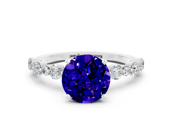 Silver Round Cut Tanzanite Prong Set Engagement Ring with Pavé Band