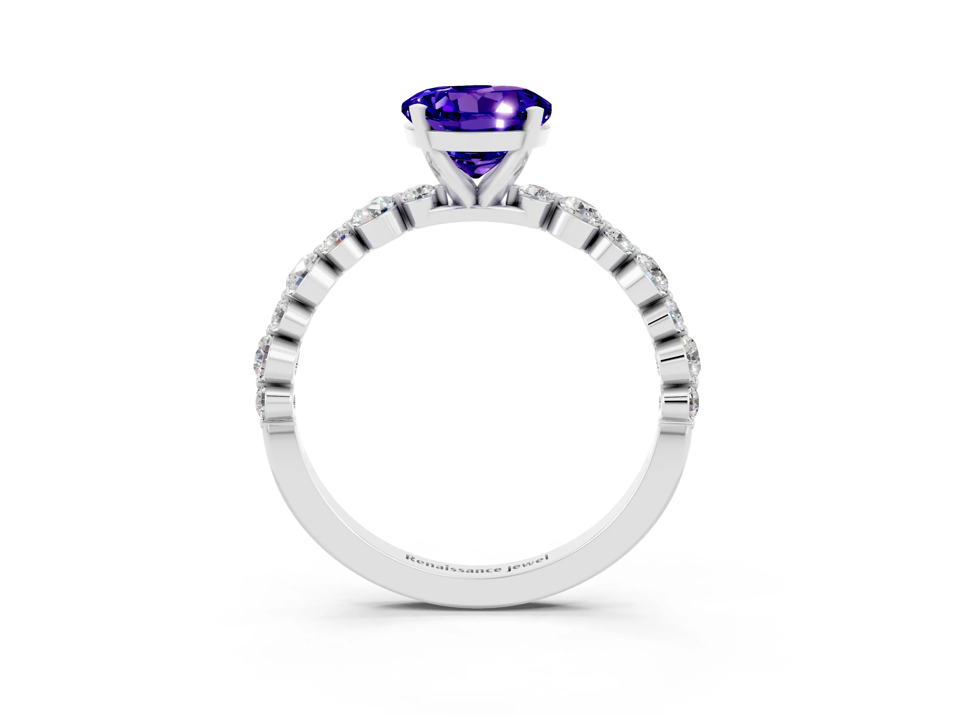White gold Round Cut Tanzanite Prong Set Engagement Ring with Pavé Band_3