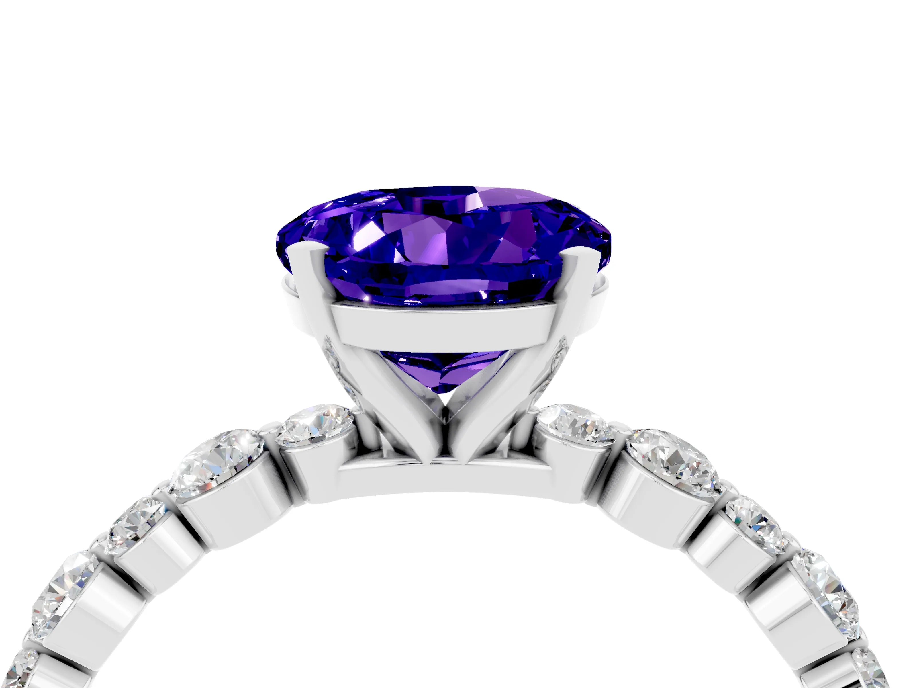 White gold Round Cut Tanzanite Prong Set Engagement Ring with Pavé Band_4