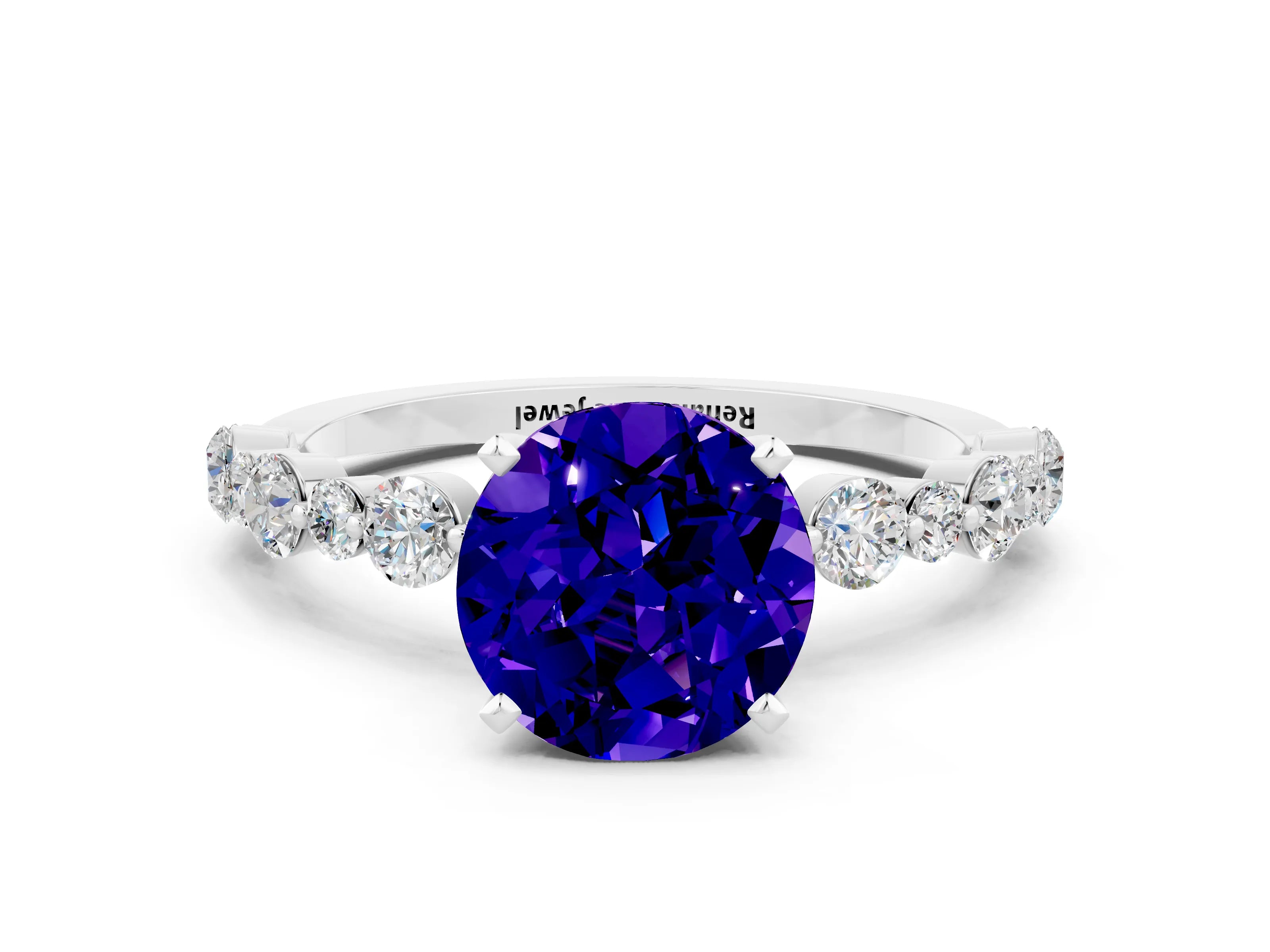 White gold Round Cut Tanzanite Prong Set Engagement Ring with Pavé Band