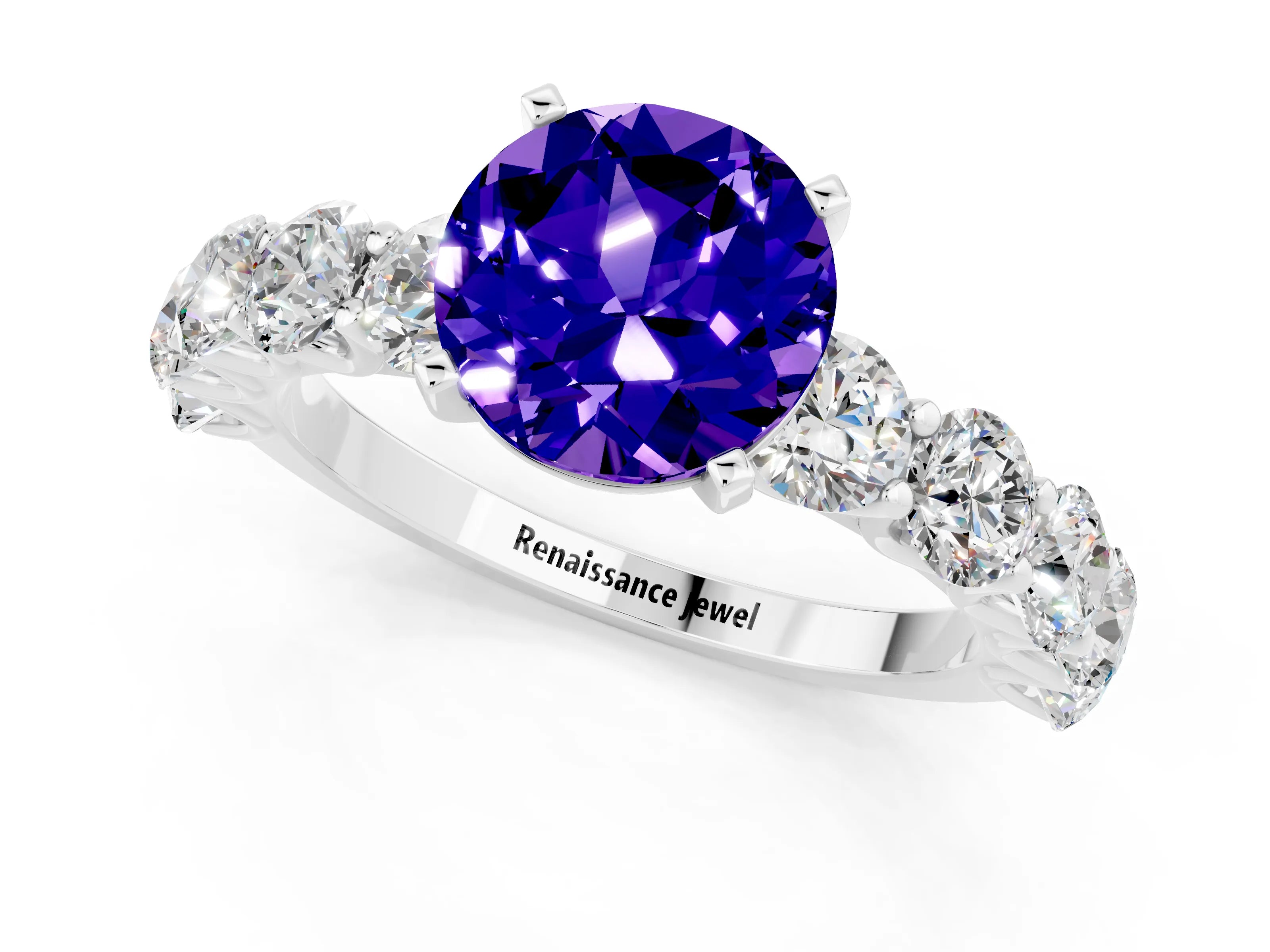 White gold Round Cut Tanzanite Prong Setting with Side Stones on a Pave Band_1