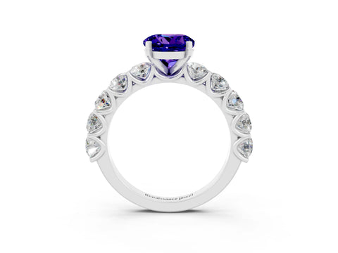 White gold Round Cut Tanzanite Prong Setting with Side Stones on a Pave Band_3