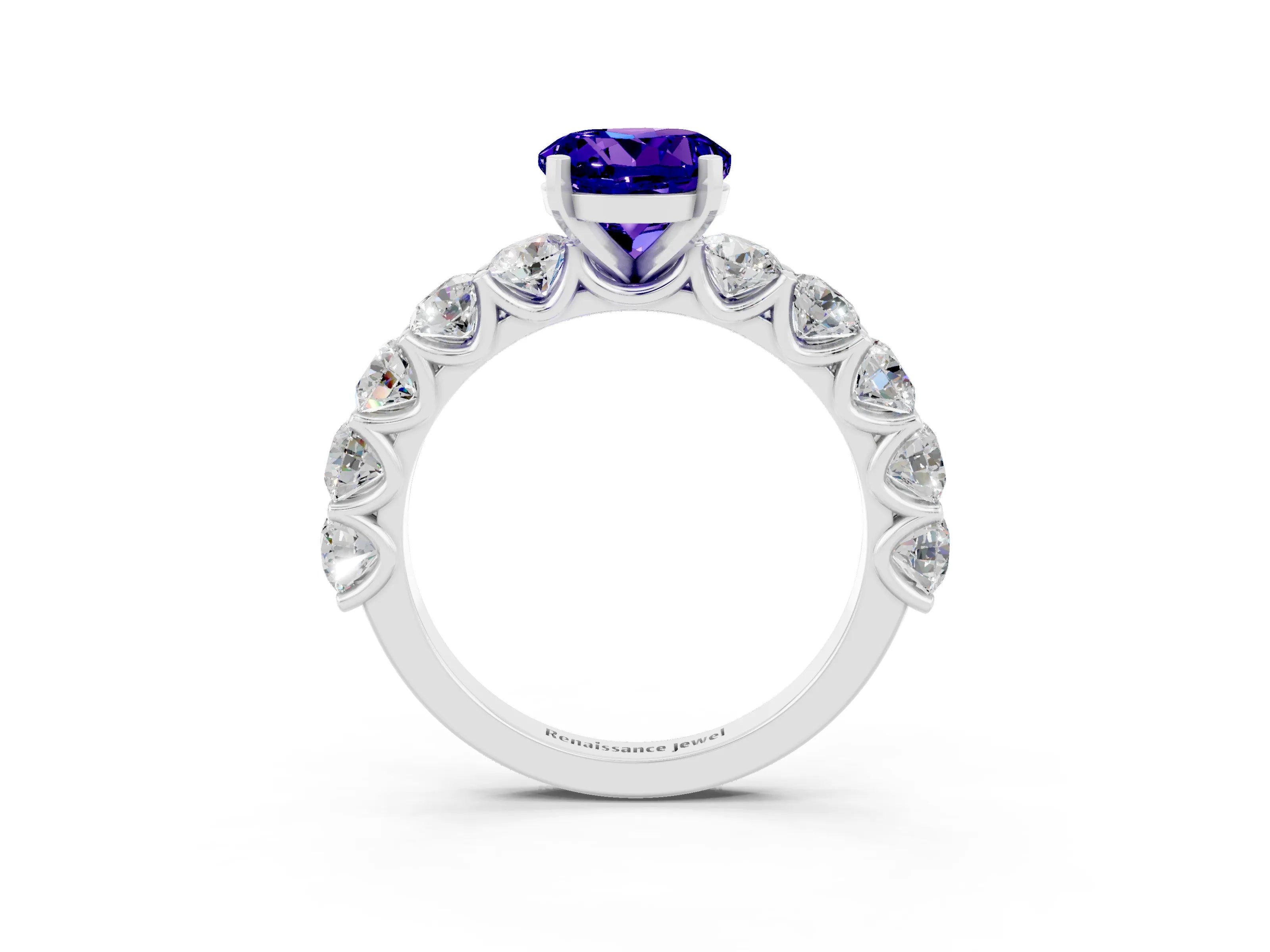 White gold Round Cut Tanzanite Prong Setting with Side Stones on a Pave Band_3