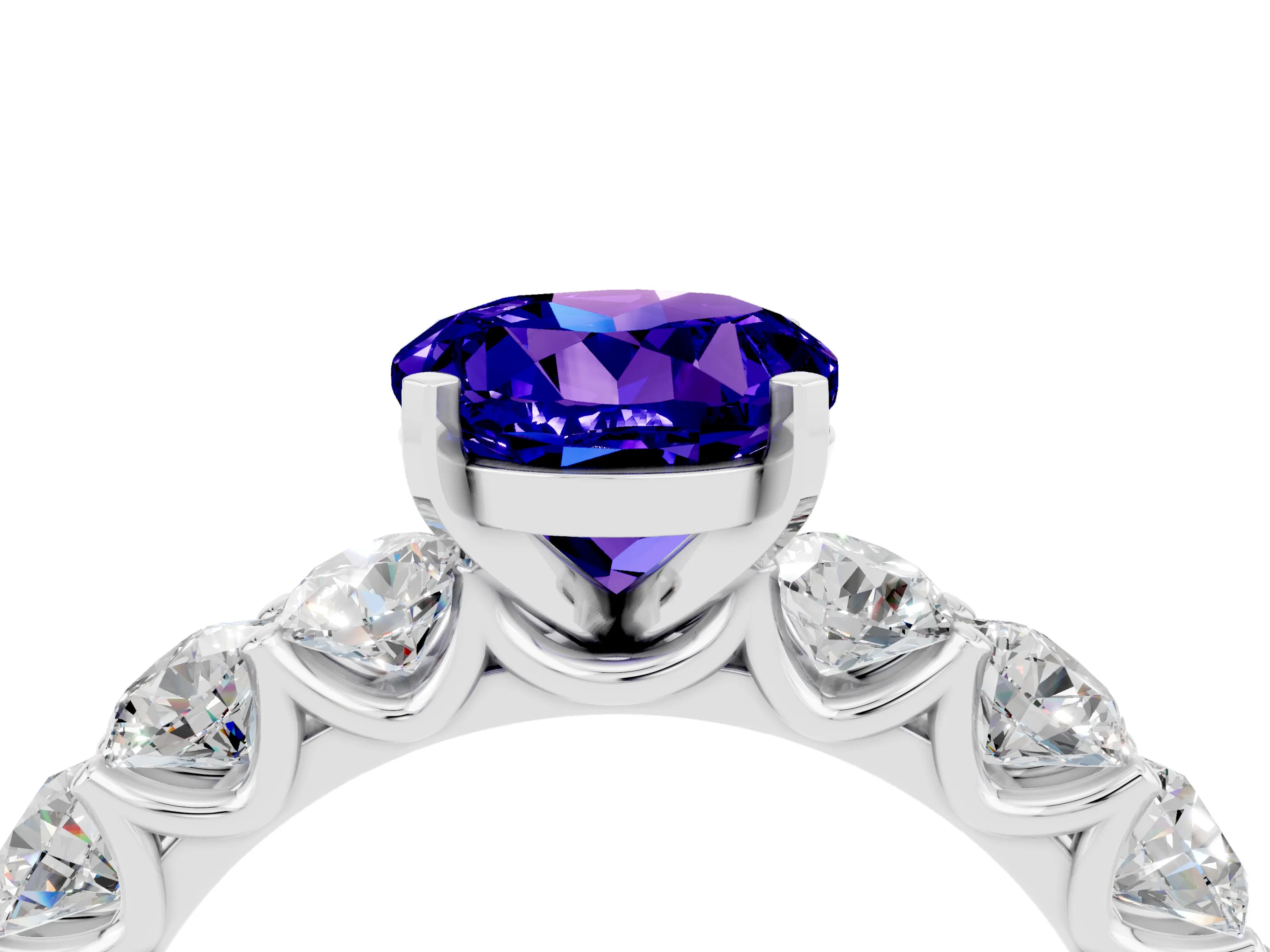 White gold Round Cut Tanzanite Prong Setting with Side Stones on a Pave Band_4