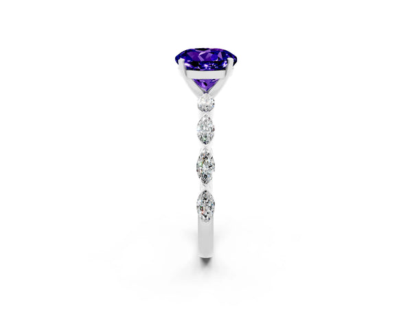 Silver Round Cut Tanzanite Ring with Marquise Side Stones and Prong Setting