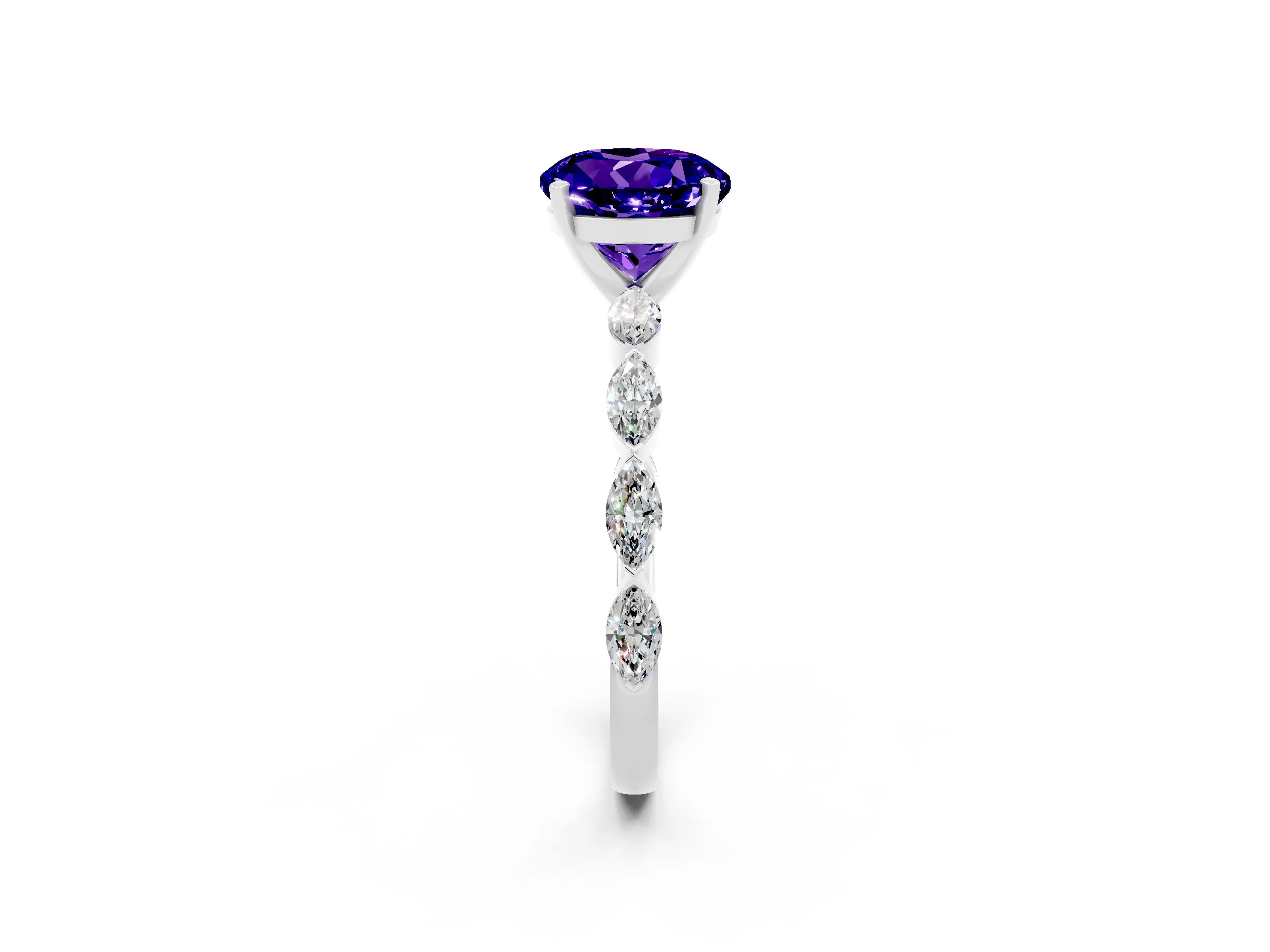 White gold Round Cut Tanzanite Ring with Marquise Side Stones and Prong Setting_2