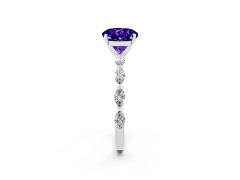 White gold Round Cut Tanzanite Ring with Marquise Side Stones and Prong Setting_2