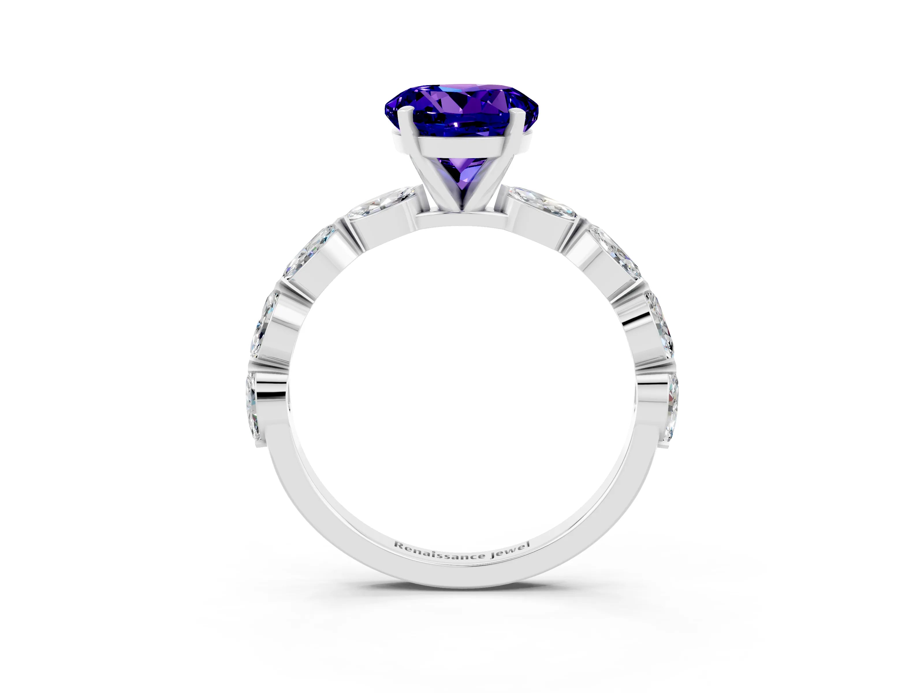White gold Round Cut Tanzanite Ring with Marquise Side Stones and Prong Setting_3