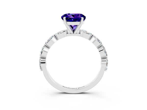 White gold Round Cut Tanzanite Ring with Marquise Side Stones and Prong Setting