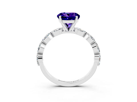 White gold Round Cut Tanzanite Ring with Marquise Side Stones and Prong Setting_3