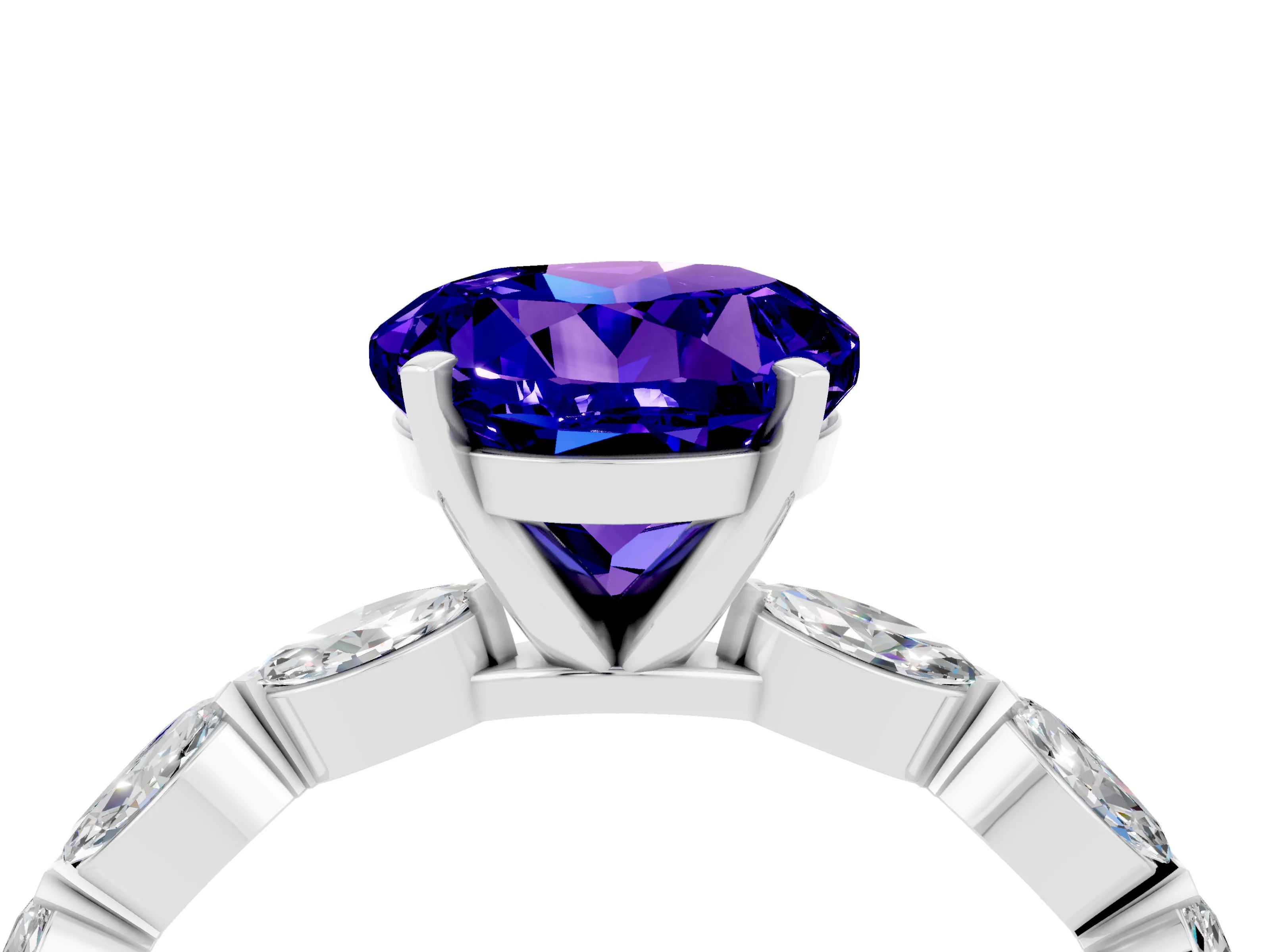 White gold Round Cut Tanzanite Ring with Marquise Side Stones and Prong Setting_4
