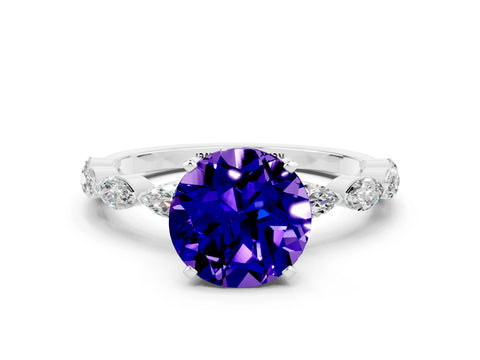 White gold Round Cut Tanzanite Ring with Marquise Side Stones and Prong Setting