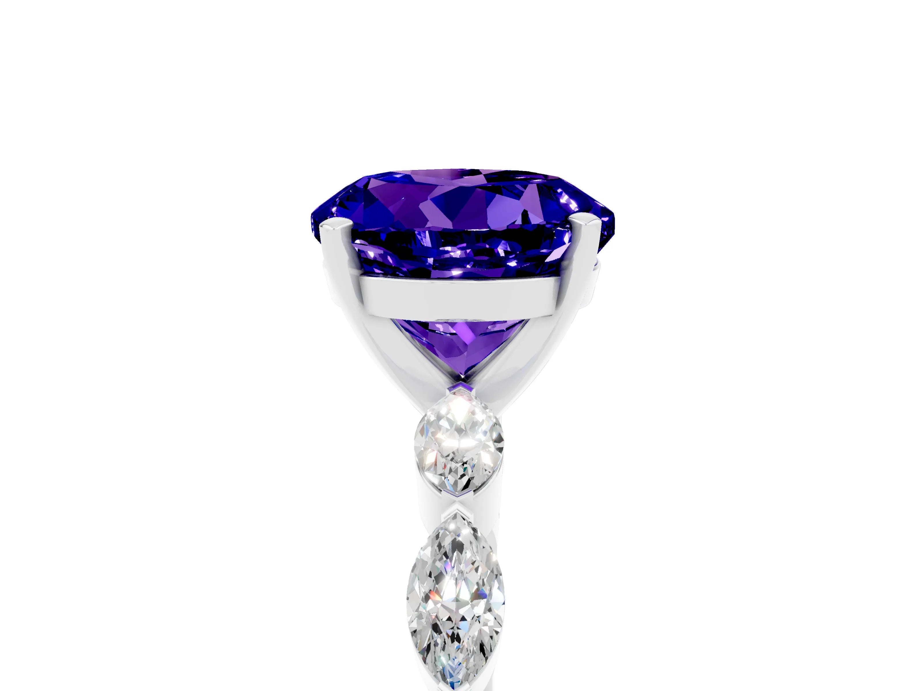 White gold Round Cut Tanzanite Ring with Marquise Side Stones and Prong Setting_5