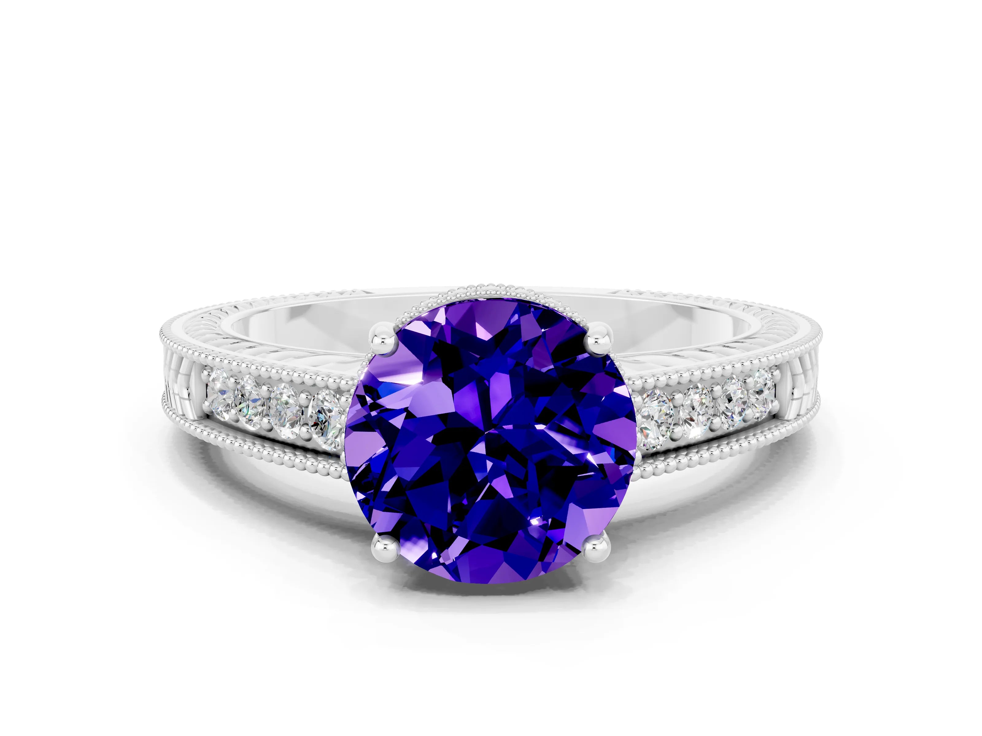 White gold Round Cut Tanzanite Ring with Milgrain Pavé Band and Four-Prong Setting_12