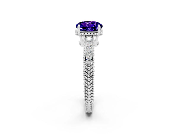 Silver Round Cut Tanzanite Ring with Milgrain Pavé Band and Four-Prong Setting