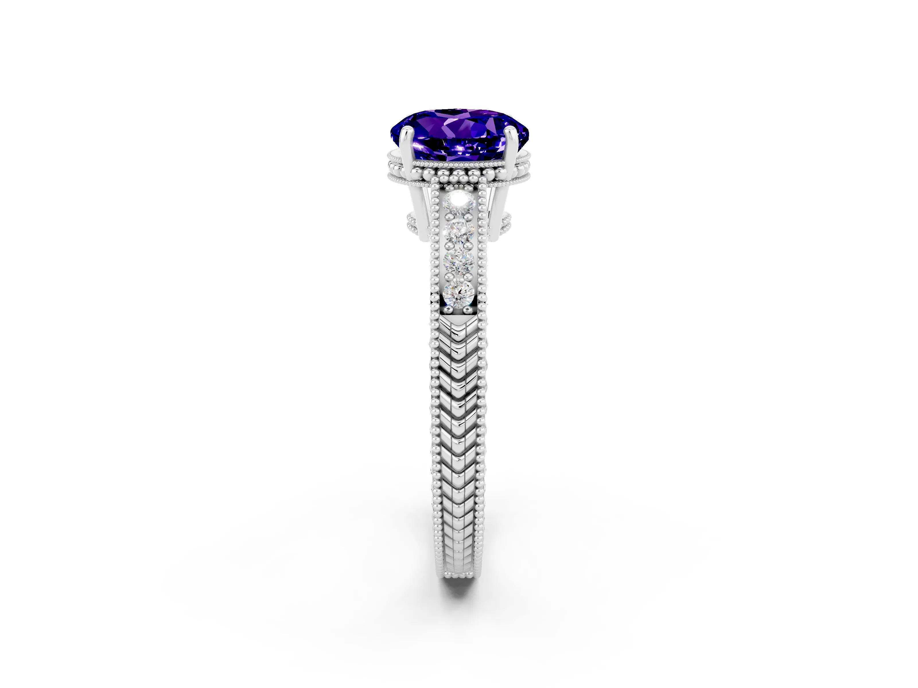 White gold Round Cut Tanzanite Ring with Milgrain Pavé Band and Four-Prong Setting_14