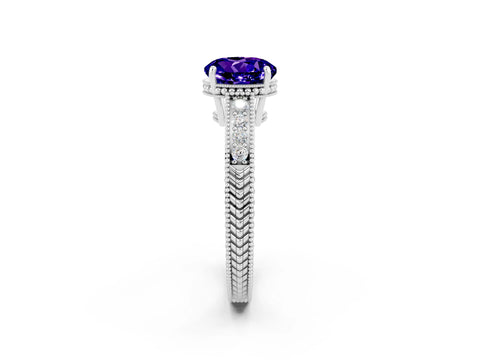 White gold Round Cut Tanzanite Ring with Milgrain Pavé Band and Four-Prong Setting_14