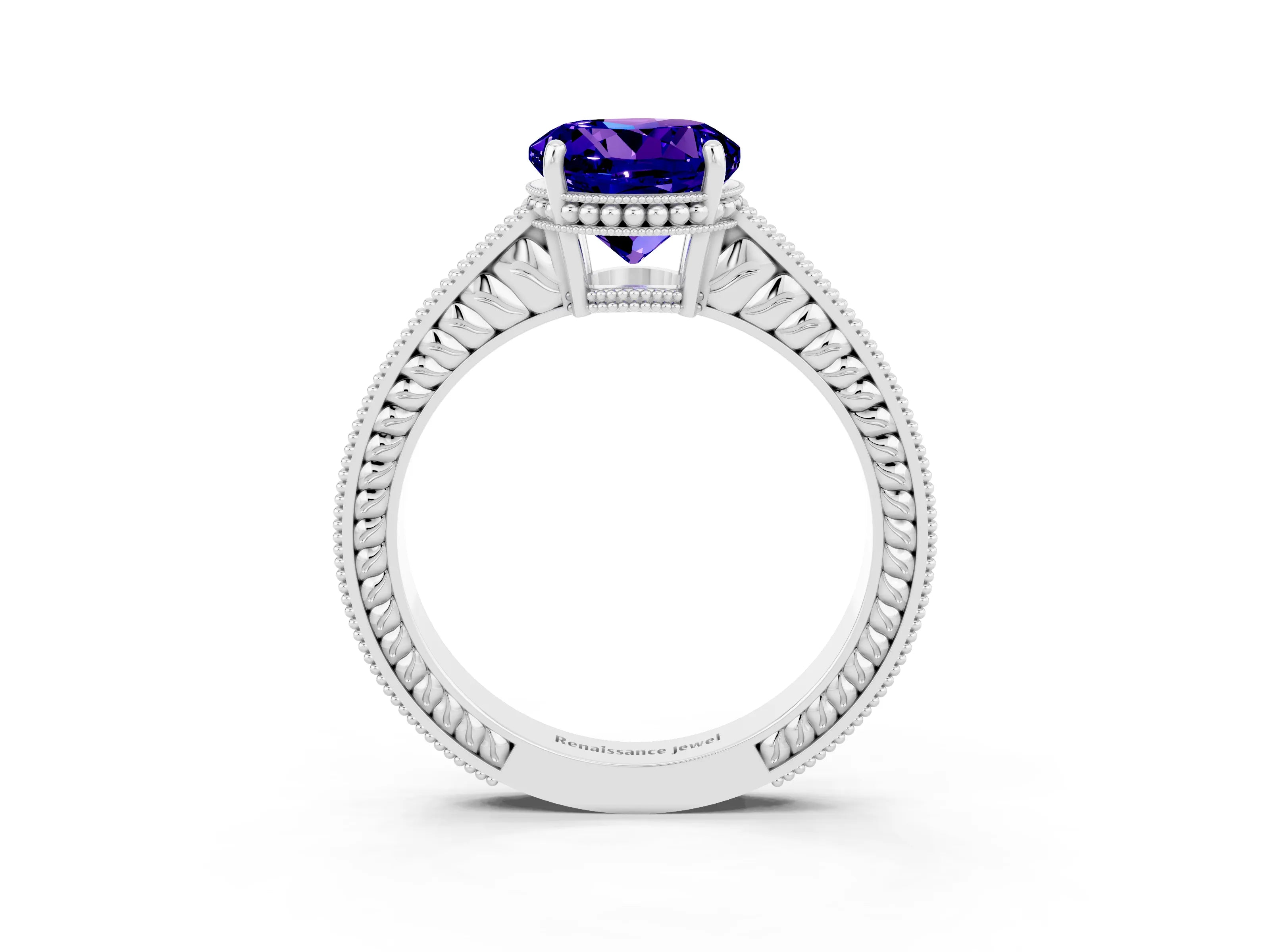White gold Round Cut Tanzanite Ring with Milgrain Pavé Band and Four-Prong Setting_15