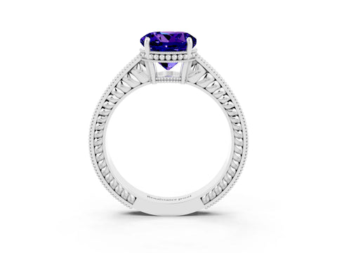 White gold Round Cut Tanzanite Ring with Milgrain Pavé Band and Four-Prong Setting_15