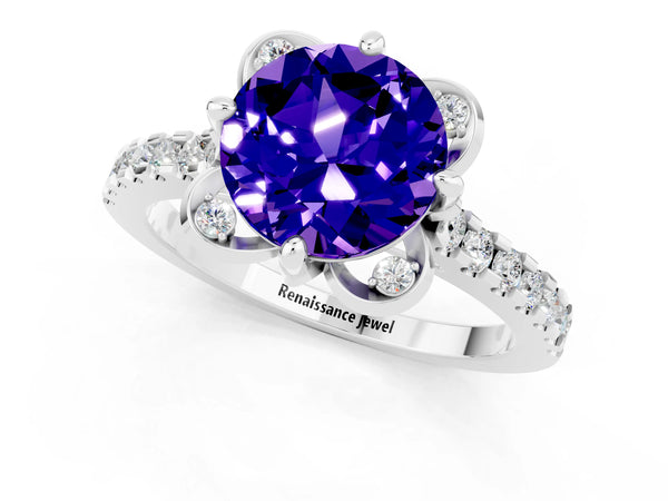 Platinum Round Cut Tanzanite Ring with Pavé Band and Floral Prong Setting