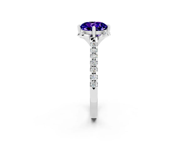 Platinum Round Cut Tanzanite Ring with Pavé Band and Floral Prong Setting