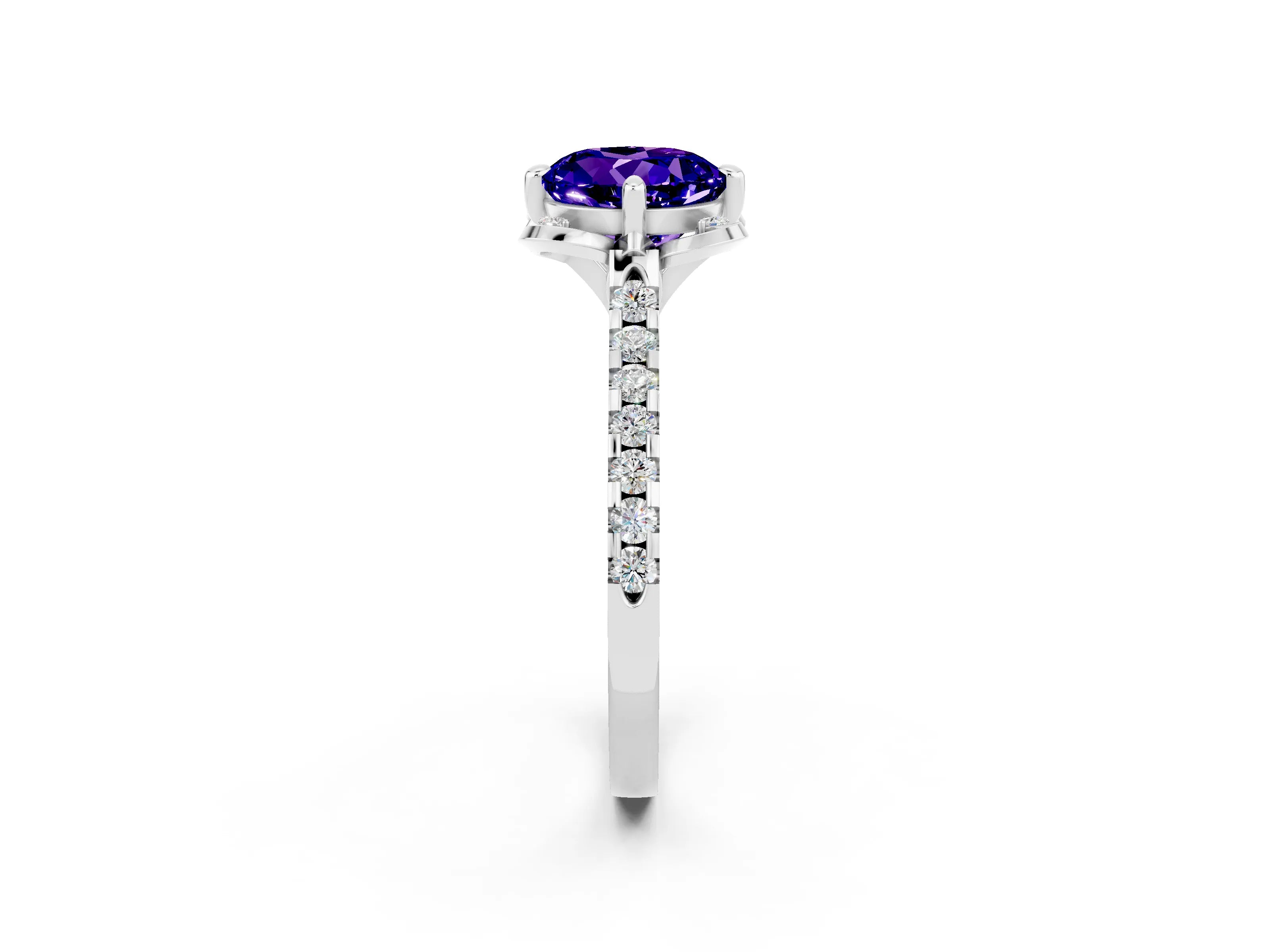White gold Round Cut Tanzanite Ring with Pavé Band and Floral Prong Setting_2