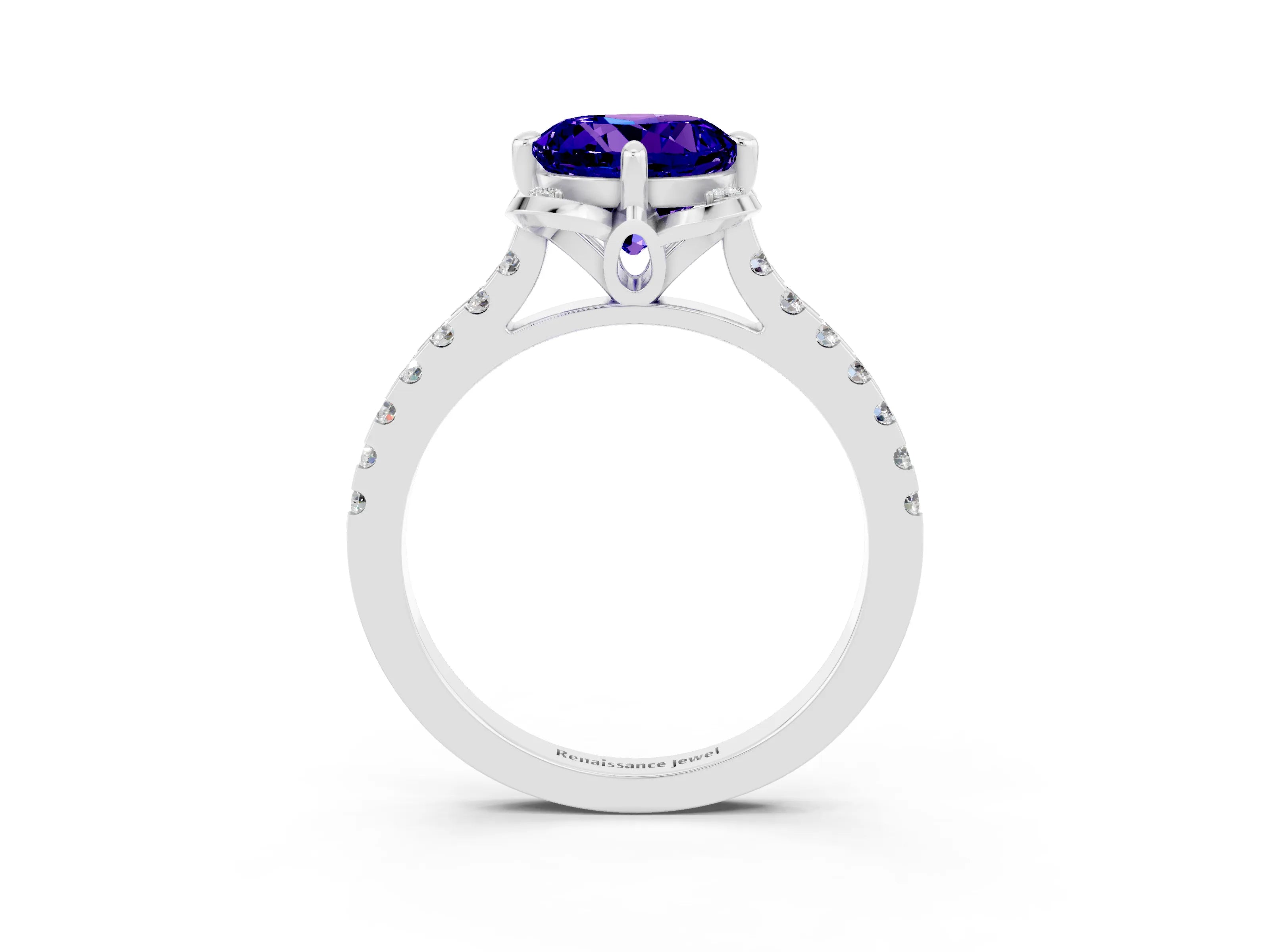 White gold Round Cut Tanzanite Ring with Pavé Band and Floral Prong Setting_3