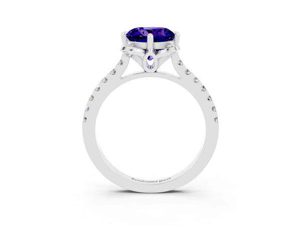 White gold Round Cut Tanzanite Ring with Pavé Band and Floral Prong Setting